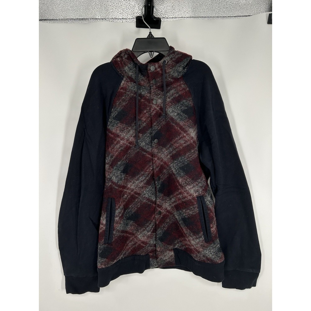 Armani Exchange Black Hoodie with Burgundy & Gray Plaid Front